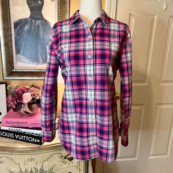 EEUC Vineyard Vines Pink Navy Blue Plaid Relaxed Fit Button Front Shirt Size 0 - Picture 1 of 2